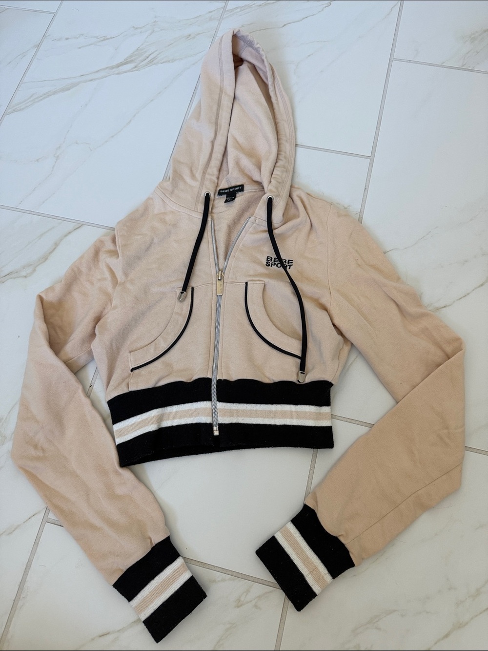bebe Beige Cropped Zip Hoodie with Black Trim